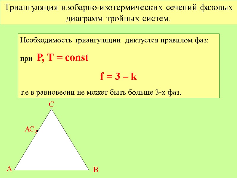 Триангуляция изобарно-изотермических сечений фазовых диаграмм тройных систем. Необходимость триангуляции  диктуется правилом фаз: при
